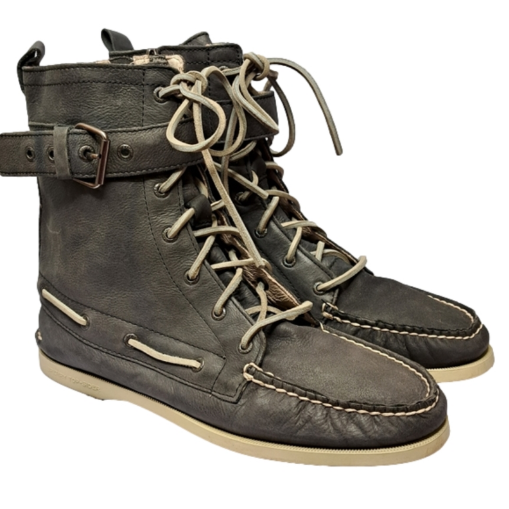 Sperry Dark Gray Leather Lace-Up Ankle Boots with Tan Trim